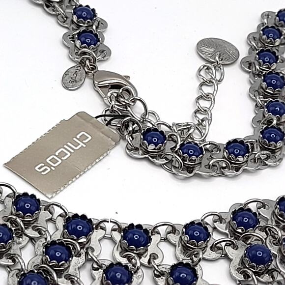 Chico's Blue Cabochon Bib Necklace, New With Tags, Silver Tone, 24" - Picture 6 of 12